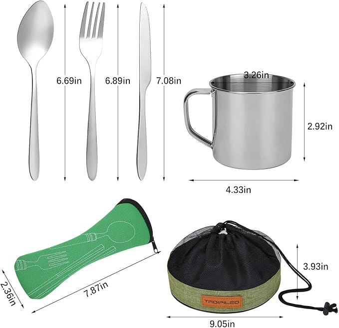 Camping Cutlery Set, 8 Piece Stainless Steel Cutlery Set Including Cutlery Spoons Mug Bowls & Plates Rags, Organizer Straps Easy to Carry for Backpacking, Camping, Hiking and Picnics
