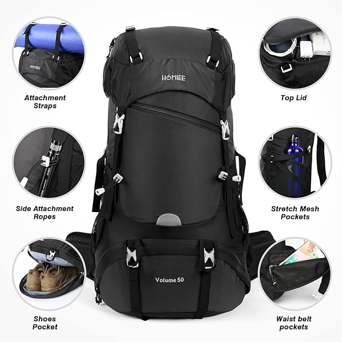HOMIEE 50L Hiking Backpack Travel Bag Waterproof Camping Backpack with Rain Cover Lightweight Backpacking Backpack Rucksack