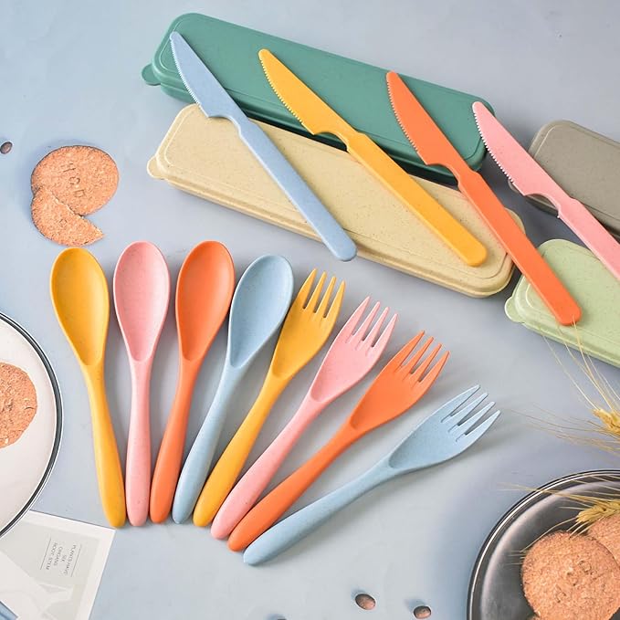 Camping Utensil Set, Reusable Utensils Set with Case, Plastic Cutlery Set Forks Spoon Tableware Chopsticks, Portable Cutlery Set for Travel Picnic Camping or Daily Use (Dark Color-8)