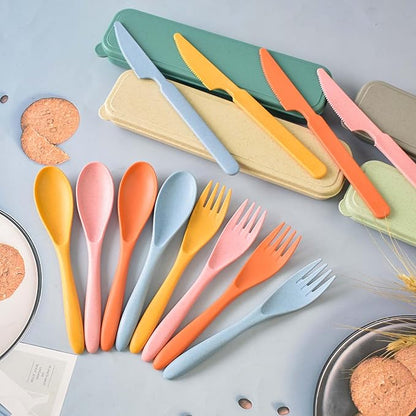 Camping Utensil Set, Reusable Utensils Set with Case, Plastic Cutlery Set Forks Spoon Tableware Chopsticks, Portable Cutlery Set for Travel Picnic Camping or Daily Use (Dark Color-8)