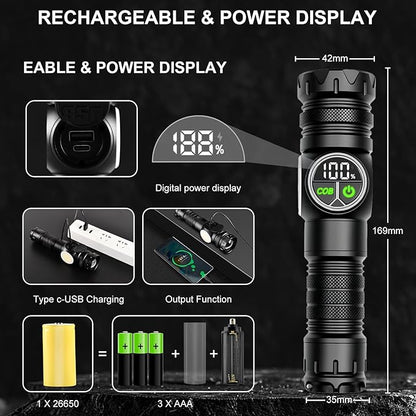 5000mAh Rechargeable Flashlight USB 5000 Lumens Outdoor Strong Cob Light, Zoomable Beam LED Flash Light with Magnet 9 Light Modes and SOS for Emergencies, Home, Camping, Hiking, Pet Walking