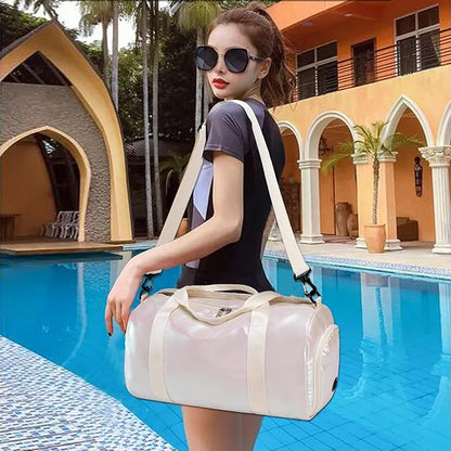 Gym Bag Sports Duffle Bag with Wet Pocket Weekender Overnight Bag with Waterproof Shoe Pouch and Air Hole for Women Girls Travel Foldable Bag (Metallic Beige)