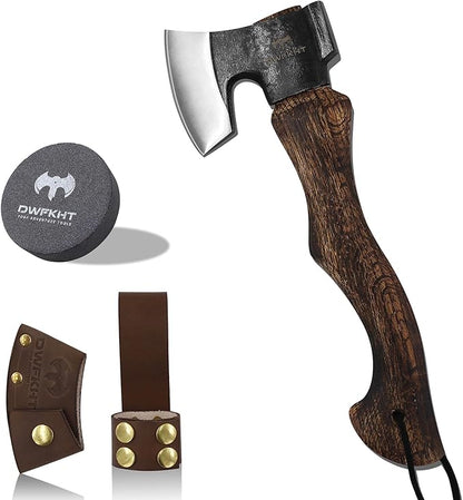 11.6" Hatchet, Camping Axe, Hand Forged Axe with Sheath, Bushcraft Axe with 1065 Carbon Steel and Beech Handle for Wood Splitting and Chopping Gardening