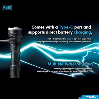 CYASNKY P50R Rechargeable Flashlights,12000 Lumens,Flashlights High Lumens for Outdoor,Super Bright Flashlight,EDC IP68 Waterproof Flash Light for Hunting,Searching,Rescue,Camping and Emergency