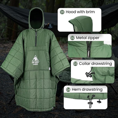 OneTigris Camping Blanket Honcho Poncho with 3M Thinsulate Insulation,Wearable Sleeping Bag Poncho for Camping Large Ultralight Water-Resisitant Warm Wearable Blanket for Outdoor Camping,Hiking