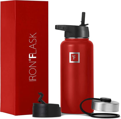 IRON °FLASK Sports Water Bottle - Wide Mouth with 3 Straw Lids - Stainless Steel Gym & Outdoor Bottles for Men, Women & Kids - Double Walled, Insulated Thermos, Metal Canteen - Fire Red, 32 Oz