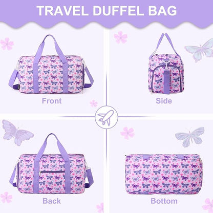 Girls Overnight Duffle Bag,RAVUO Cute Butterfly Kids Sport Gym Bag with Shoe Compartment, Carry On Weekender Travel Bag for Teens