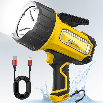 FORTO Rechargeable Spotlight Flashlight with 2000 Lumens, Handheld Spotlight with Foldable Stand, 6 Light Modes IPX7 Waterproof LED Spot Lights Outdoor for Boating Hunting Camping Hiking(Yellow)