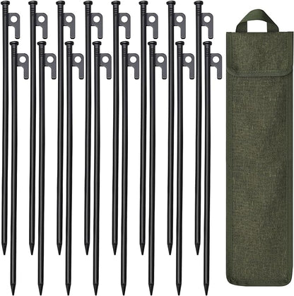 16 Pack Tent Stakes, 16in Tent Stakes Heavy Duty with Storage Bag, Forged Steel Tent Pegs for Camping Unbreakable and Inflexible(16pcs 16in Stakes)