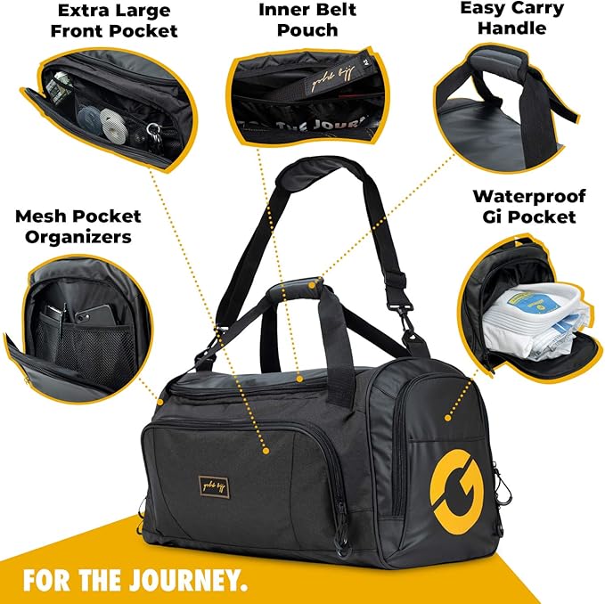 Gold BJJ Jiu Jitsu Duffle Bag - Waterproof Pocket for Sweaty Gi, Rashguard, or Shoes - The Perfect Duffel Bag for Martial Arts Gear, Boxing, MMA, and More