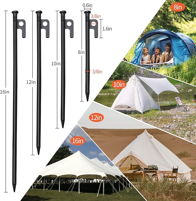16 Pack Tent Stakes, 10in Tent Stakes Heavy Duty with Storage Bag, Forged Steel Tent Pegs for Camping Unbreakable and Inflexible(16pcs 10in Stakes)