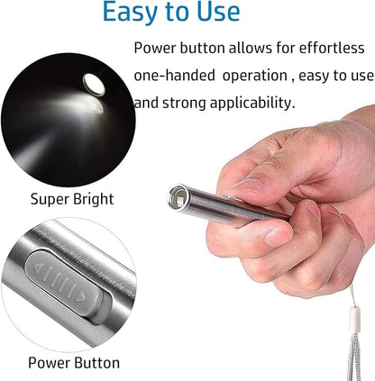 yuentoen Pen Light Flashlight, Rechargeable LED Super Bright Flashlight with Stainless Steel Clip and USB Cable for Home Camping Outdoor and Emergency - Silver