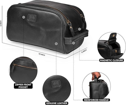 LEATHER VILLAGE Premium Leather Toiletry Travel Pouch With Waterproof Lining - Black | King-Size Handcrafted Vintage Dopp Kit Bag