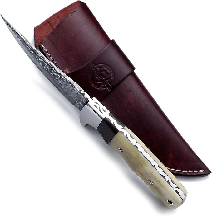 Handmade Damascus Steel Knife for Hunting,Survival,Camping,Bushcraft and Fishing Fixed Blade Dagger with Drop point Full Tang Micarta Handle, Leather Sheath - WKD-791