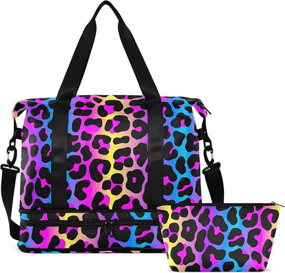 senya Weekender Bag for Women, Leopard Print Cheetah Neon Gradient Gym Sports Duffle Travel Tote with Toiletry Shoes Compartment Dry/Wet Separation Swim Bag