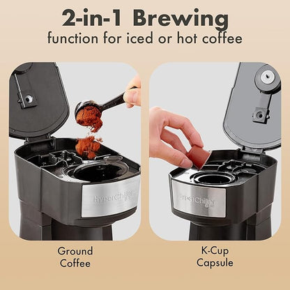 Elite Gourmet HyperChiller EHC210N Iced/Hot Coffee Maker, K-Cup or Coffee Grounds, 8, 10 or 12oz Pours, Removable K-Cup Holder and Reusable Mesh Filter, Drip tray, Black/Stainless-Steel