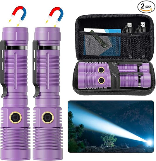 Small Tactical Flashlights 20000 High Lumens - 1500 Meters Long Beam Super Bright LED Magnetic Flashlight USB Rechargeable Zoomable 5Modes Long Beam Spotlight Flashlight for Hiking, Camping-Purple