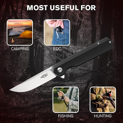 Firebird GANZO FH11S-BK Pocket Folding Knife G10 Anti-Slip Handle with Clip D2 Steel Blade Hunting Fishing Camping Gear Outdoor Folder EDC Pocket Knife (Black)
