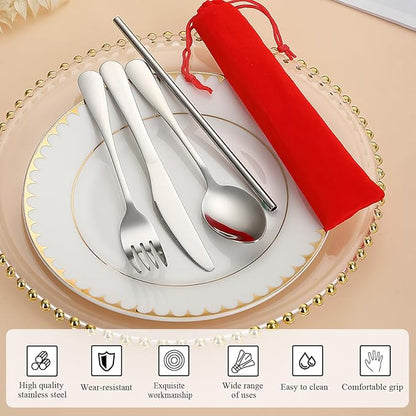 Kyraton Portable Flatware, Reusable Camping Flatware, Bento Box Flatware, Silverware For School/Work/Office/Outdoor, Dishwasher Safe, Set of 4 Pieces