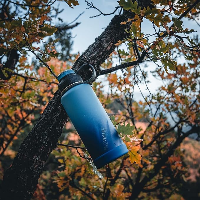 EcoVessel Stainless Steel Water Bottle with Insulated Dual Lid, Insulated Water Bottle with Strainer and Silicone Bottle Bumper, Coffee Mug – 32oz (Deep Sea)