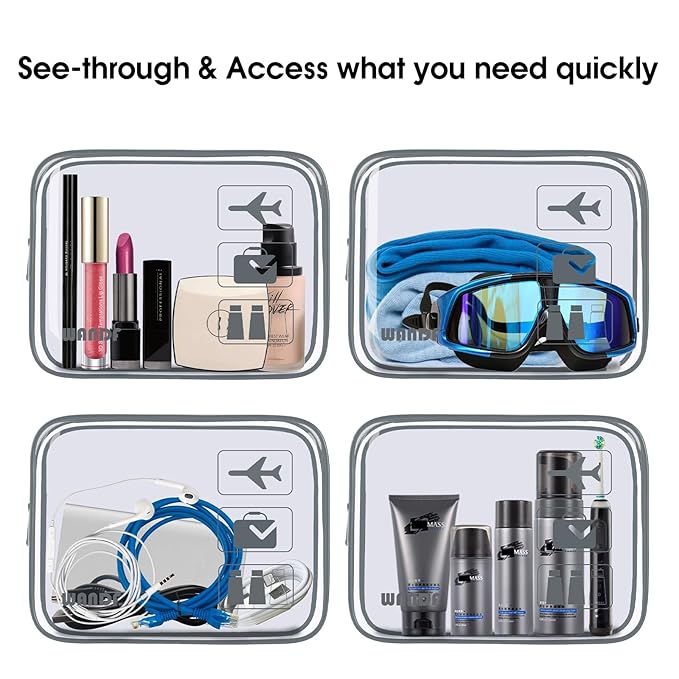 TSA Approved Clear Travel Toiletry Bag wih Zippers Carry-on Travel Accessories Quart Size Toiletries Cosmetic Pouch Makeup Bags for Men and Women (3pcs Grey)