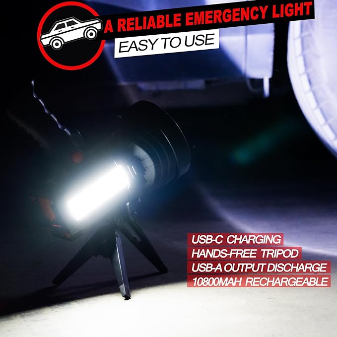BIGSUN Rechargeable Spotlight, High Lumens 1000,000 LED Flashlight with Multi-Purpose Floodlamp, Built-in 10800mAh Battery Pack, Outdoor Handheld spot Light, for Farm, Hunting Camping, Car, Boat