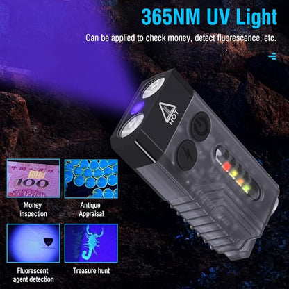 UniqueFire V10 Mini EDC Rechargeable Flashlight 1000 High Lumens, 365nm UV Blacklight 12 Modes Multi-Color Light Source, Small Pocket Keychain Light with Magnetic Base & Beeping Alarm