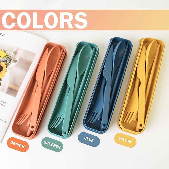 Reusable Utensils Set with Case, 4 Sets Large Plastic Travel Cutlery Set with Chopsticks, Portable Fork Spoons Knife Set Lunch Box Utensil Set for Adults Camping Picnic Use
