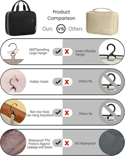 BAGSMART Toiletry Bag Travel Bag with Hanging Hook, Water-resistant Makeup Cosmetic Bag Travel Organizer for Accessories, Shampoo, Full-size Container, Toiletries (Black, Medium)