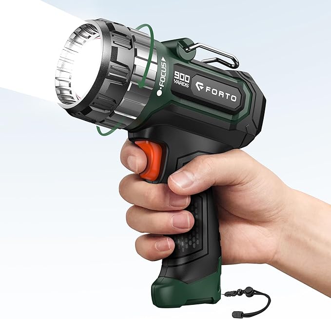 FORTO Compact Rechargeable Spotlight with Adjustable Focus, Handheld Spotlight with Stand, 823m Range, 3 Light Modes and LED Spot Lights Outdoor for Boating Hunting Camping Hiking，1400 Lumens