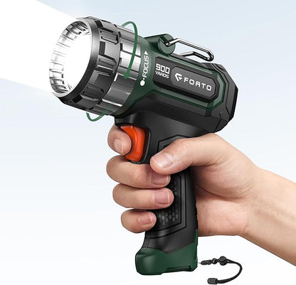 FORTO Compact Rechargeable Spotlight with Adjustable Focus, Handheld Spotlight with Stand, 823m Range, 3 Light Modes and LED Spot Lights Outdoor for Boating Hunting Camping Hiking，1400 Lumens