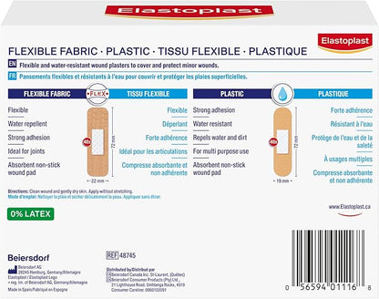 ELASTOPLAST Fabric and Plastic Adhesive Bandages Variety Pack (80 Strips), Flexible & Water-Resistant Bandage with All-Around Adhesion, Ideal for First Aid Kit {Imported from Canada}