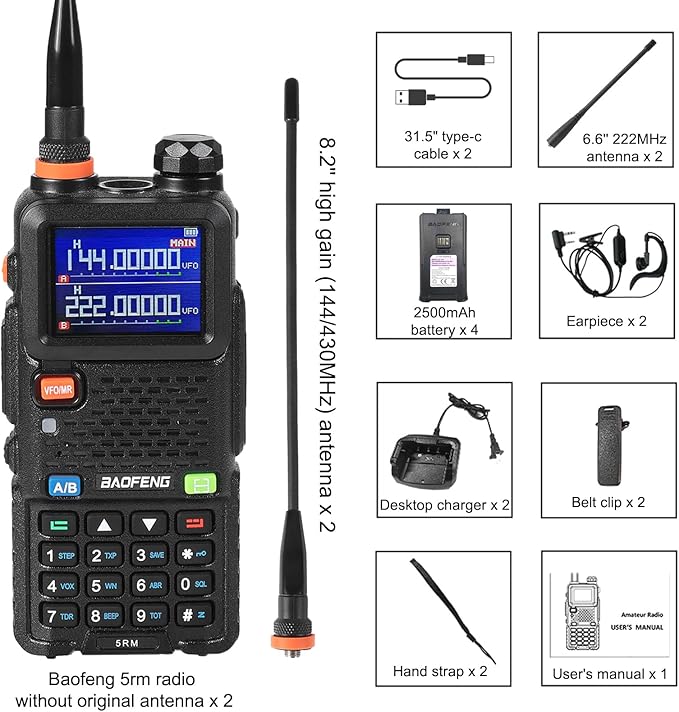 Ham Radio Handheld Baofeng Radio 5RM Upgraded of UV-5R High Power Long Range Walkie Talkies for Adults Multi-Band Two Way Radio NOAA Weather Copy Frequency USB C Charger 999CH Outdoor Hiking Camping