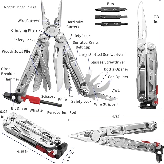Multitool, 22-in-1 Multi-tool Pliers with Fire Starter, Emergency Whistle, Glass Breaker, Safety Locking and Nylon Sheath for Survival, Camping, multitool for men