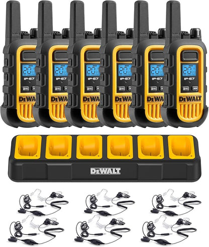 DEWALT DXFRS300 Bundle 1W Walkie Talkies Heavy Duty Business Two-Way Radios, 6 Pack with 6 Headsets Plus Gang Charger (DXFRS300BCH6-SV1)
