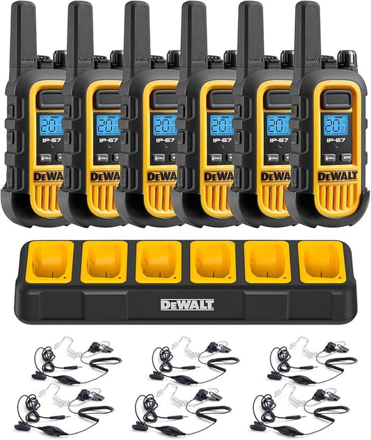 DEWALT DXFRS300 Bundle 1W Walkie Talkies Heavy Duty Business Two-Way Radios, 6 Pack with 6 Headsets Plus Gang Charger (DXFRS300BCH6-SV1)