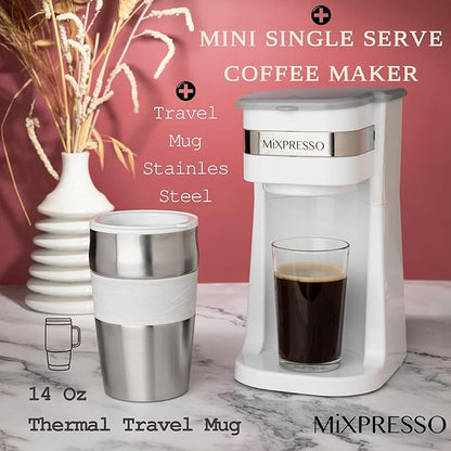 Mixpresso Personal Single Serve Coffee Maker & 14oz Travel Mug, Drip Small Coffee Maker & Tumbler, Auto Shut Off & Reusable Filter, White Coffee Maker Compatible with Coffee Grounds