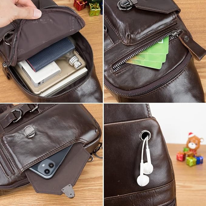 KPYWZER Vintage Genuine Leather Sling Bag Backpack for Men Crossbody with Cellphone Stand Chain Chest Shoulder Crossbody Daypack Coffee