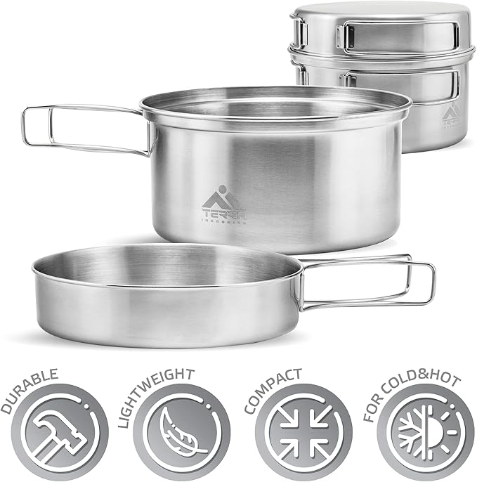Camping Cookware Set - Stainless Steel, Lightweight, and Durable - Perfect for Camping, Hiking, Fishing, Hunting, and Backpacking - Includes Pot and Skillet Lid