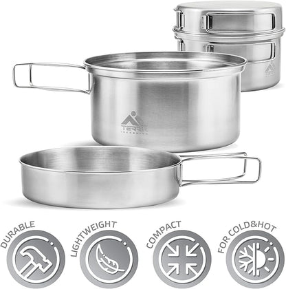 Camping Cookware Set - Stainless Steel, Lightweight, and Durable - Perfect for Camping, Hiking, Fishing, Hunting, and Backpacking - Includes Pot and Skillet Lid