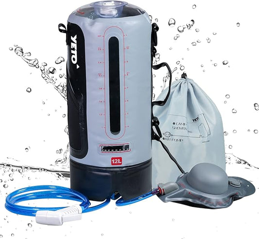 YETO 12L/3.17 Gallons Portable Camping Shower Portable Shower for Camping Camp Shower Solar Shower Outside Shower with Pressure Foot Pump and Handy Nozzle Camping Showers Camping Shower Bag, GREY-12L