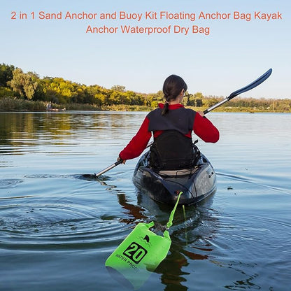 2 Set 20L Sand Anchor Heavy Duty Buoy Kit 2 in 1 Kayak Anchor Floating Waterproof Dry Bag with High Visibility Float Rope for Lake Beach Boat Hiking Camping Water Sports Surfing Kayaking(Green)