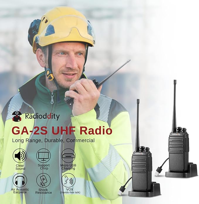 4 Pack Radioddity GA-2S Long Range Walkie Talkies for Adults UHF Two Way Radio Rechargeable with Micro USB Charging + USB Desktop Charger + Air Acoustic Earpiece with Mic, for School Retail Business