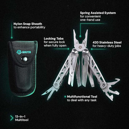 GRITR 13-in-1 Stainless Steel EDC Multitool w/Nylon Sheath - Outdoor Tool w/Needle Nose Pliers, Pocket Knife, Scissors, Bottle Opener, Cutters - Camping Hunting Survival Emergency Gear