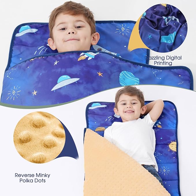 COSMOPLUS Toddler Nap Mat for Daycare: Kids Sleeping Bag with Pillow and Blanket Set for Preschool Kindergarten Boys Girls Travel Naptime Extra Long Thick Padded Easy Roll up