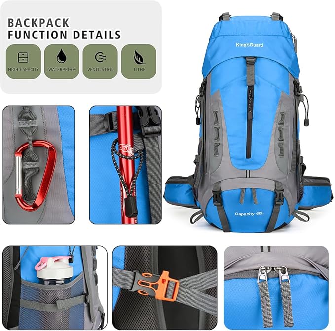 King'sGuard 60L Hiking Backpack Men Women Camping Backpack Waterproof Backpacking Mountaineering Climbing Daypack with Rain Cover (Blue)