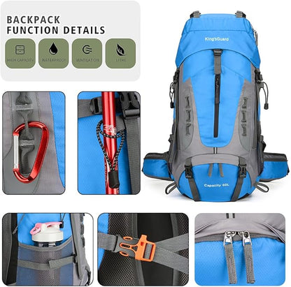 King'sGuard 60L Hiking Backpack Men Women Camping Backpack Waterproof Backpacking Mountaineering Climbing Daypack with Rain Cover (Blue)