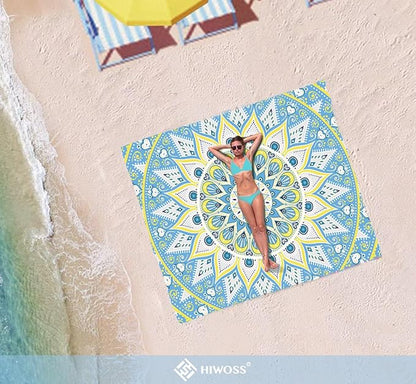 Beach Blanket Waterproof Sandproof Oversized 95”x 80”,Sand Free Beach Mat with Corner Pockets,Portable Mesh Bag for Beach Festival,Picnic,Travel and Outdoor Camping (Oceansunyellow)