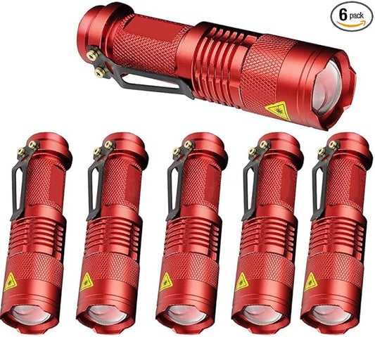 MODOAO 6 Pack Mini Flashlights LED Flashlight 7W 350LM 3 Mode Flashlight Torch Adjustable Focus Zoomable Light,Skid-Proof Design & Waterproof Design (Red)
