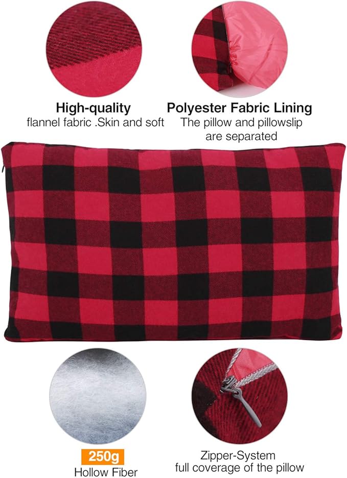 REDCAMP Small Camping Pillow Lightweight and Compressible, 1PC Flannel Travel Pillow with Removable Pillow Cover (Red and Black Plaid)